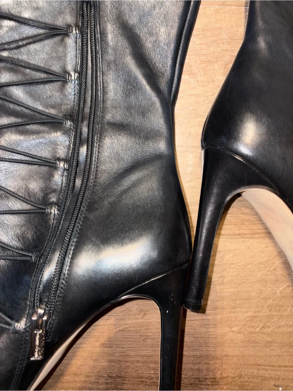 Vince Camuto Black Lace-Up Knee-High Peep-Toe Stiletto Boot (Kendra)